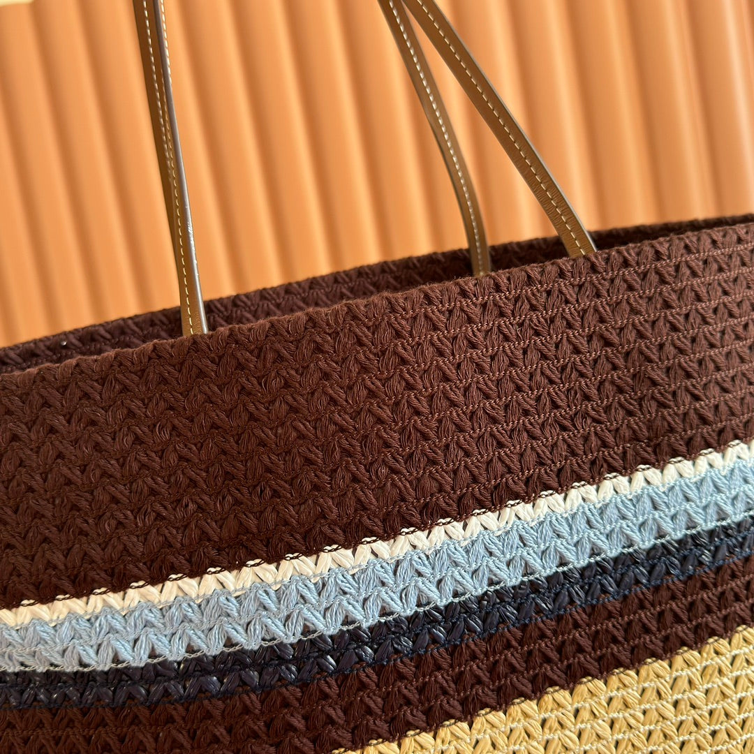 TOTE BAG 40 IN STRIPED PATTERN OF BROWN BLUE AND YELLOW WOVEN RAFFIA